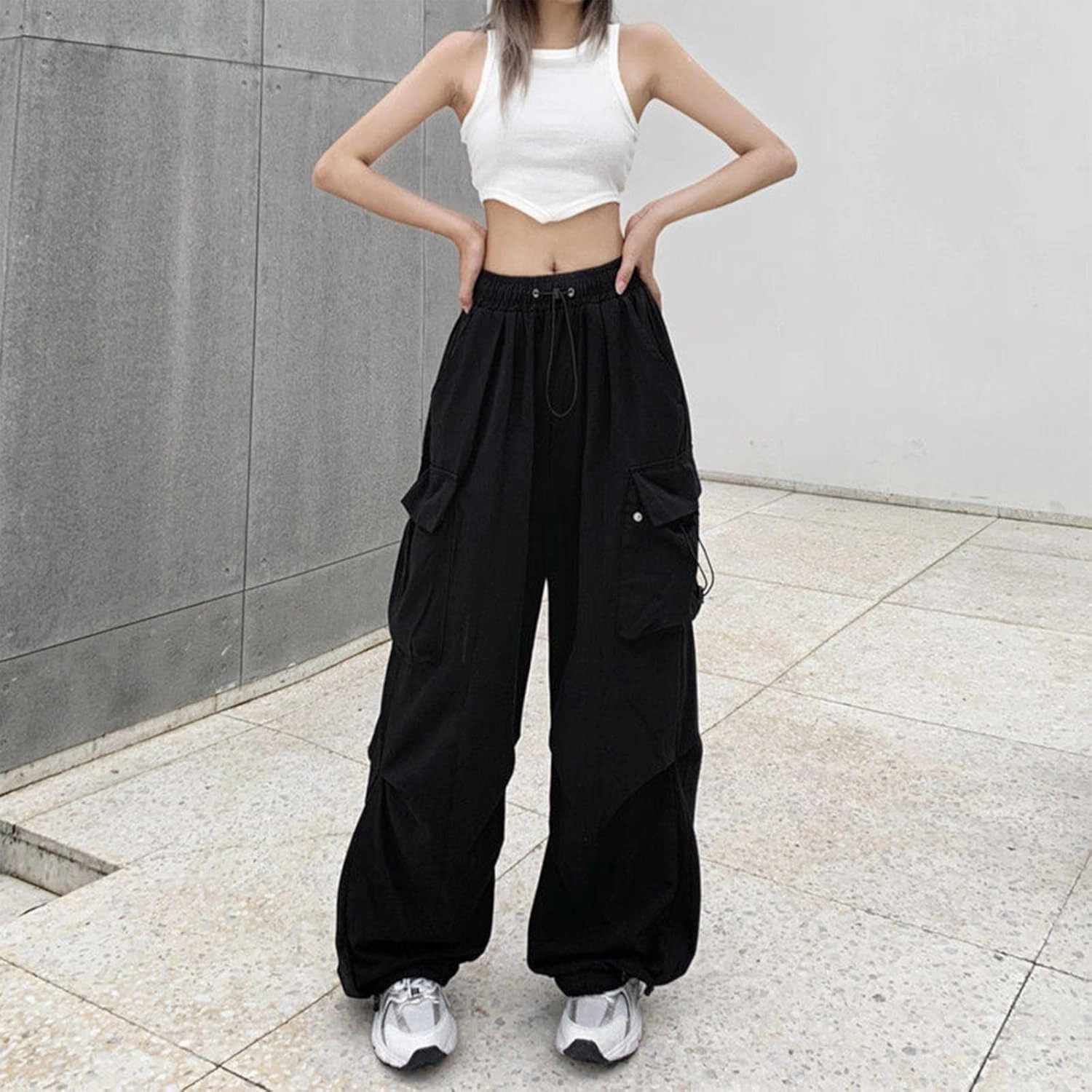 Women Y2K Cargo Jogger Pants Elastic High Waist Baggy Parachute Pants Multi Pocket Casual Loose Vintage Hiking Slacks