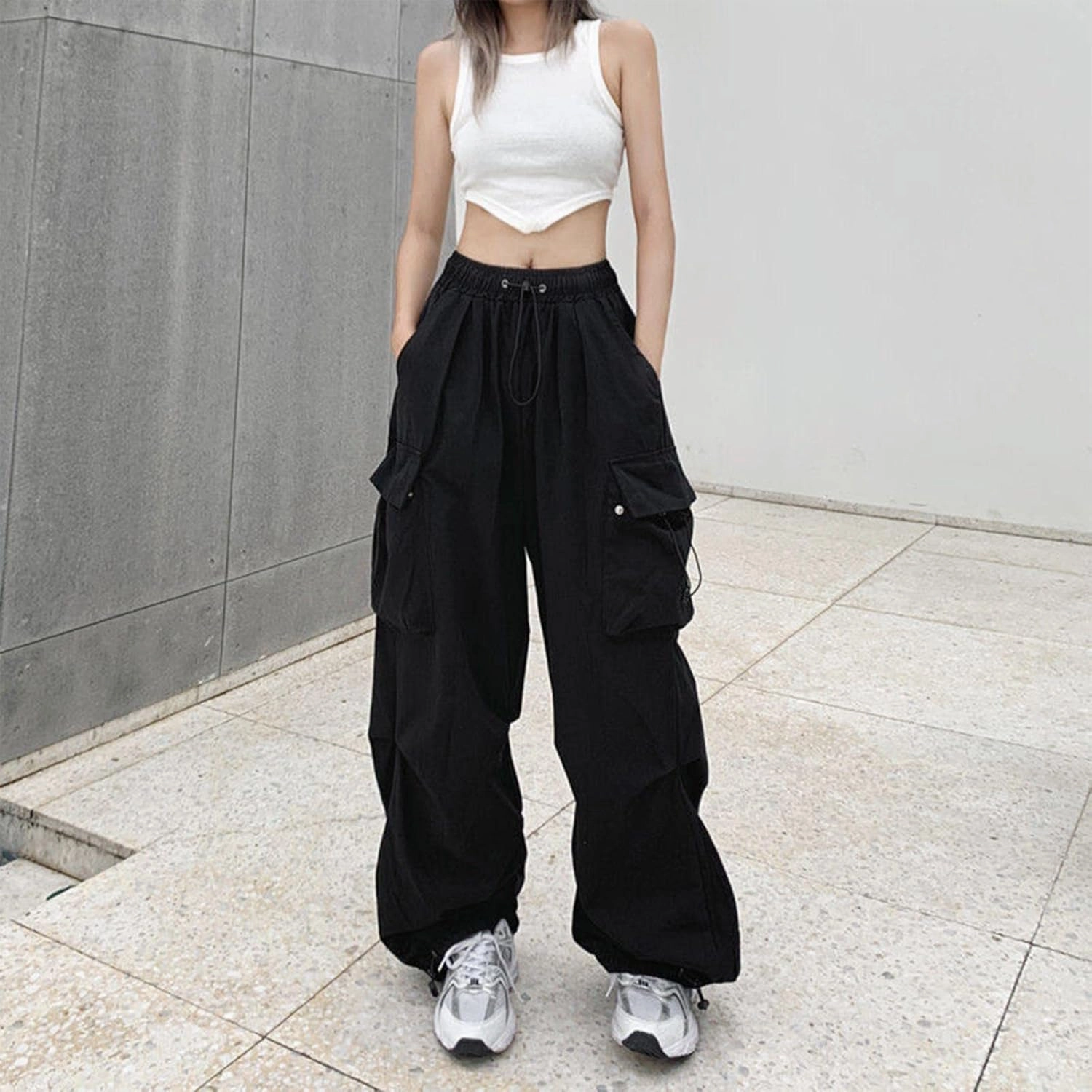 Women Y2K Cargo Jogger Pants Elastic High Waist Baggy Parachute Pants Multi Pocket Casual Loose Vintage Hiking Slacks
