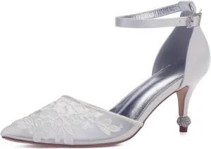 Womens Bridal Stiletto Heels Ladies Satin Lace Wedding Bridesmaid Shoes Pointed Toe Wedding Shoes Satin Party Pumps