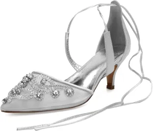 Womens Bridal Wedding Satin Pumps Ladies Peep Toe High Heel Sandals Satin Ribbon Tie Wedding Shoes Pointy Toe Bridal Wedding Evening Party Shoes