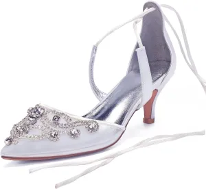 Womens Bridal Wedding Satin Pumps Ladies Peep Toe High Heel Sandals Satin Ribbon Tie Wedding Shoes Pointy Toe Bridal Wedding Evening Party Shoes