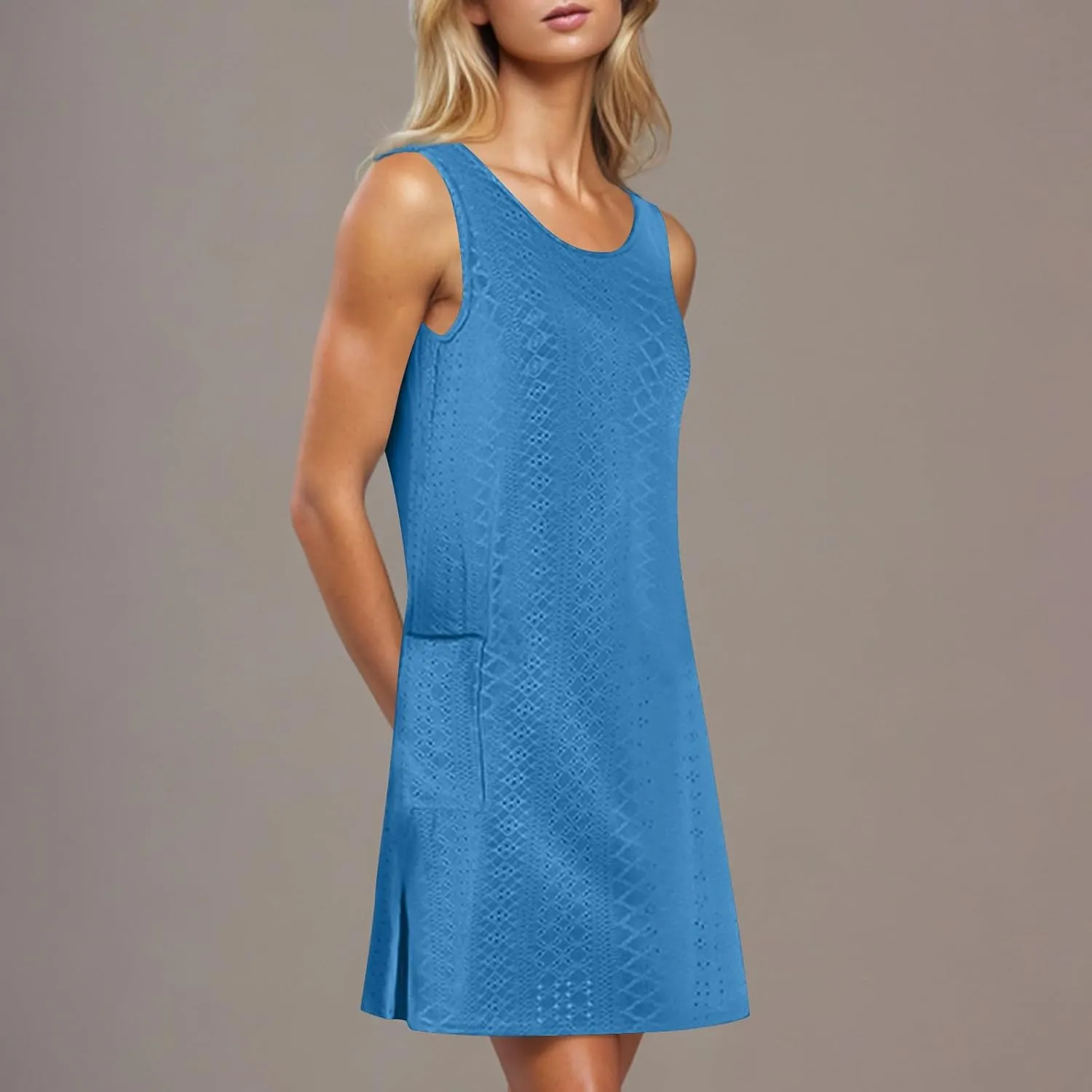 Women's Casual Dresses Soft Sleeveless Crewneck Summer Vacation Dresses with Pockets Relaxed Size Mini Dresses