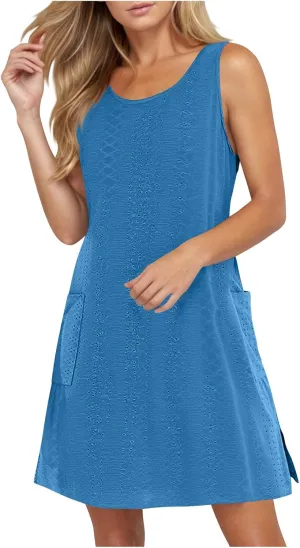 Women's Casual Dresses Soft Sleeveless Crewneck Summer Vacation Dresses with Pockets Relaxed Size Mini Dresses