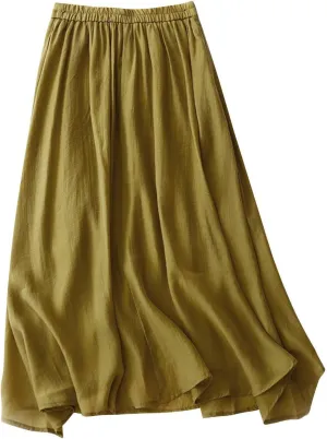 Womens Cotton Linen Skirts Summer Casual Elegant Double Layer Elastic High Waist Flowy Swing A Line Long Maxi Skirt
