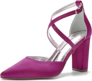 Women's Cross Strappy White Wedding Shoes for Bride High Heels Pointed Toe Bridal Shoes Satin Block Heels Prom Party Dress Pumps Sandals
