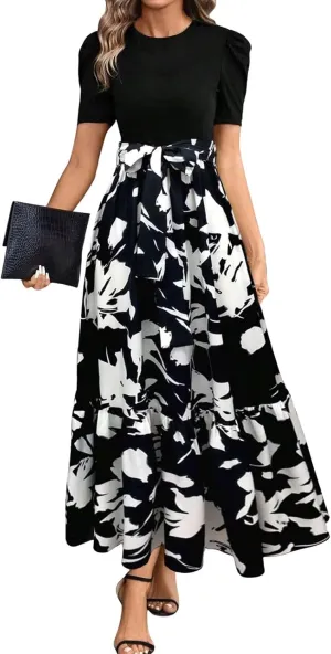 Womens Dresses for Wedding Guest 2025 Elegant Classy Empire Waist Short Sleeve A Line Dress Summer Work Wrap Sundress