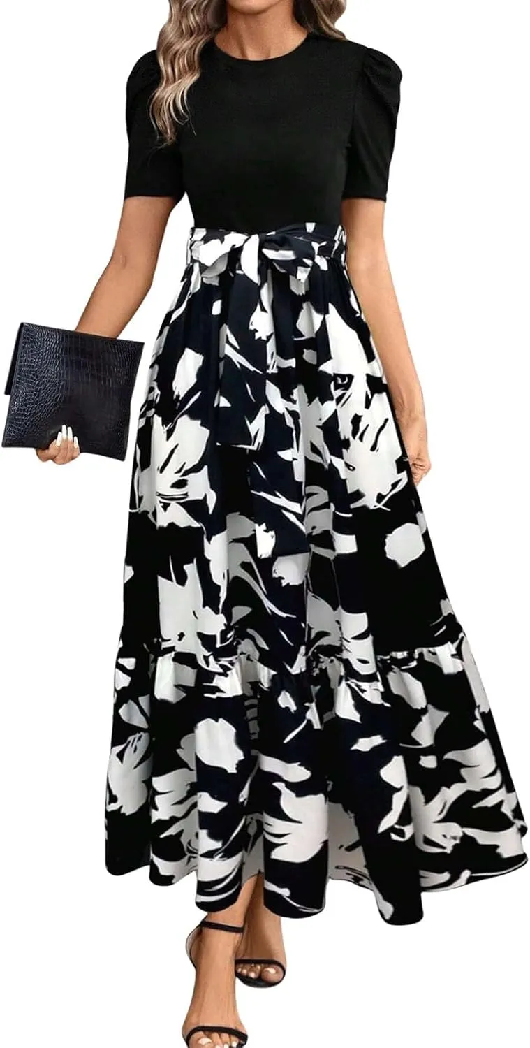 Womens Dresses for Wedding Guest 2025 Elegant Classy Empire Waist Short Sleeve A Line Dress Summer Work Wrap Sundress