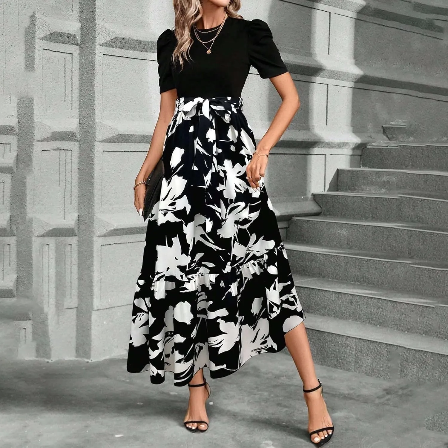Womens Dresses for Wedding Guest 2025 Elegant Classy Empire Waist Short Sleeve A Line Dress Summer Work Wrap Sundress