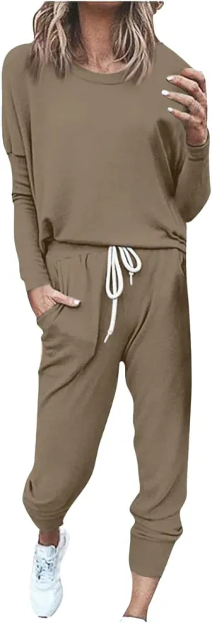 Women's Fall 2 Piece Lounge Outfit Crewneck Pullover Tops Long Pants Tracksuit Sweatsuits with Sweatpants Oversize