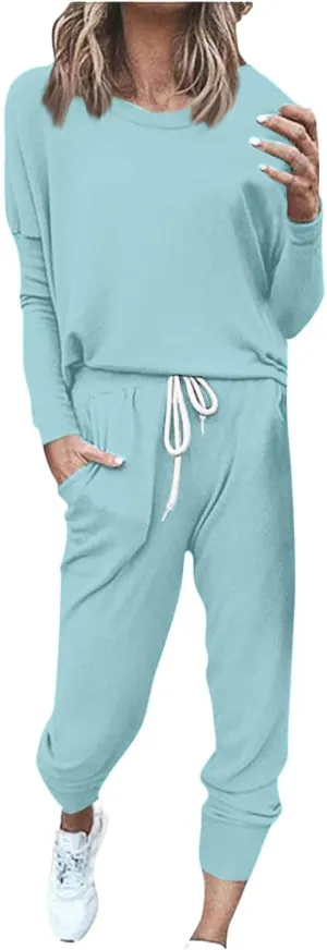 Women's Fall 2 Piece Lounge Outfit Crewneck Pullover Tops Long Pants Tracksuit Sweatsuits with Sweatpants Oversize