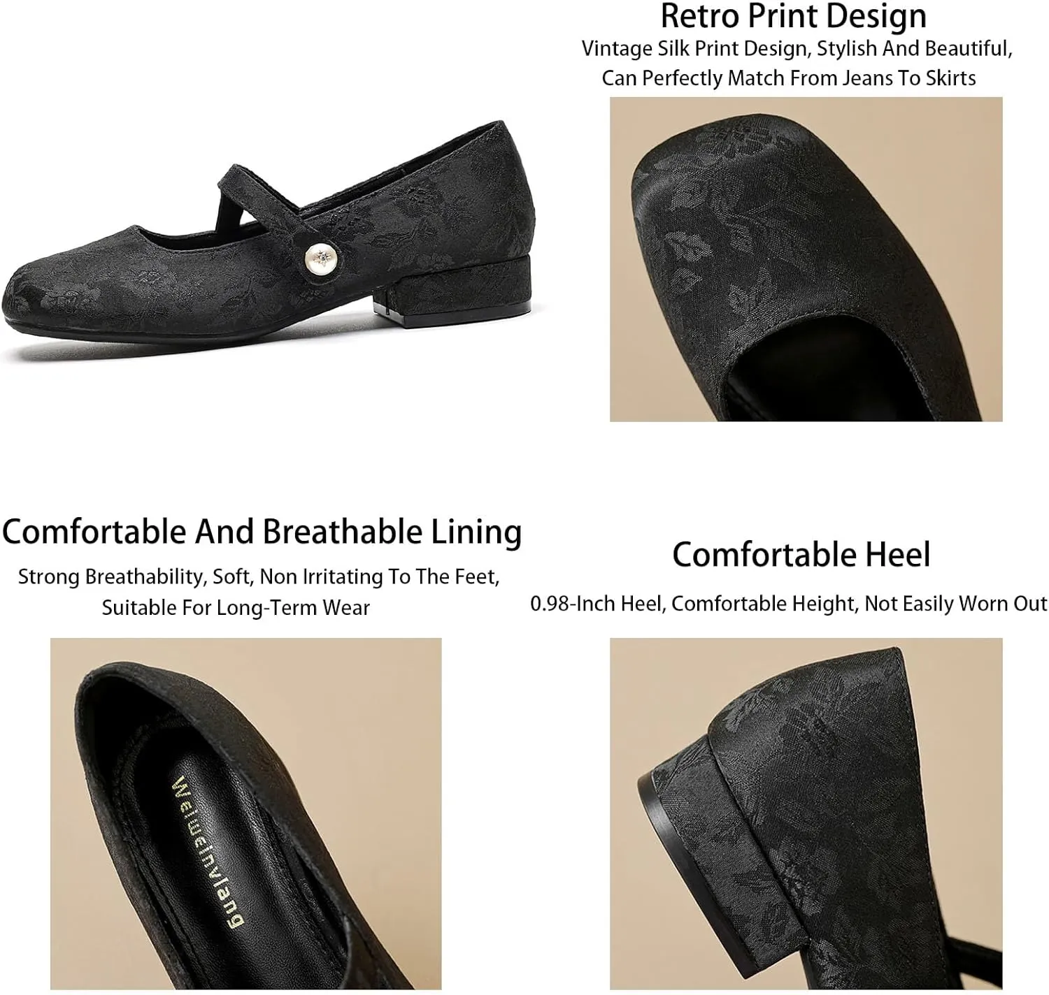 Women's Fashion Prints Mary Jane Chunky Heel,Comfortable Square Head Casual Work Office Dress Shoes