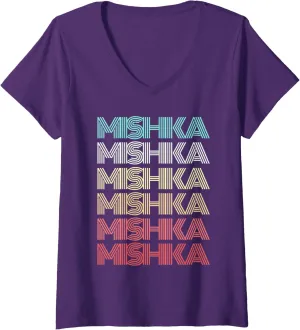 Womens First Name MISHKA Indian Girl Retro Personalized 80's Pink V-Neck T-Shirt