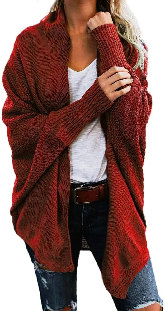 Womens Knitted Cardigan Batwing Sleeve Shawl Neck Sweater Open Front Casual Loose Pullover Coat