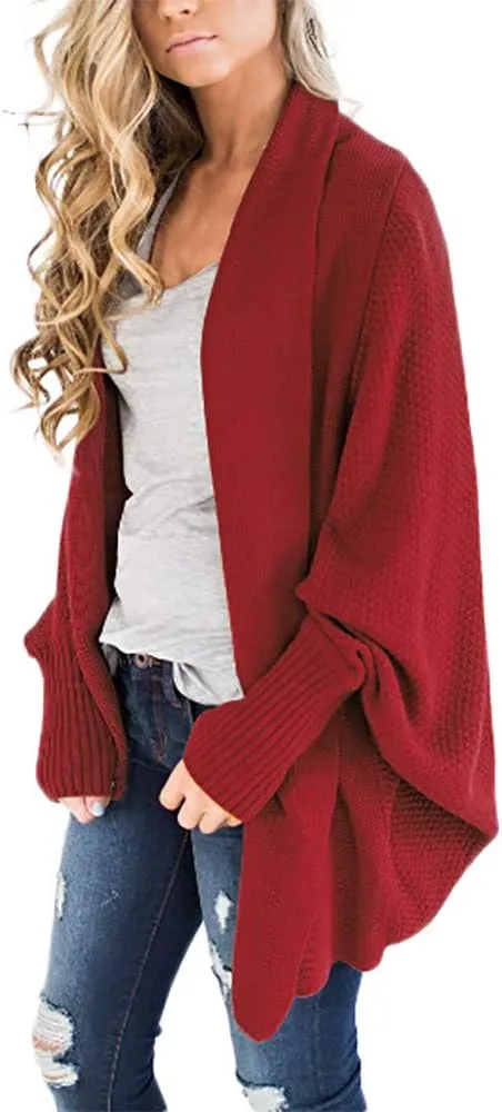 Womens Knitted Cardigan Batwing Sleeve Shawl Neck Sweater Open Front Casual Loose Pullover Coat