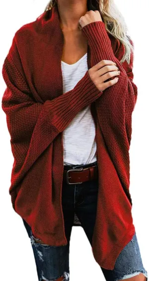 Womens Knitted Cardigan Batwing Sleeve Shawl Neck Sweater Open Front Casual Loose Pullover Coat