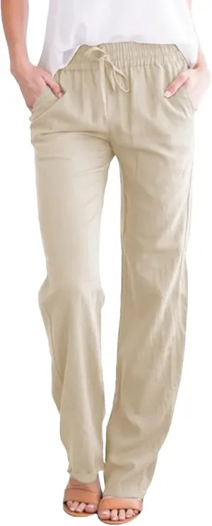 Womens Linen Summer Casual Pant Trousers Elastic Waist Long Lounge Slim Fit Palazzo Pants Trendy