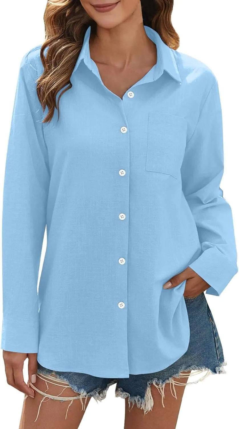 Womens Long Sleeve Button Down Women's Retro Floral Art Print Casual Long Sleeve Loose Fit Casual V-Neck Tops Linen