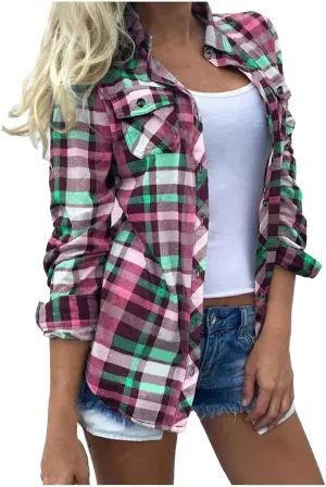 Womens Long Sleeve Going Out Shacket Jacket Checkered Button Down T-Shirt Flannel Causal Soft 2024 Spring Tops