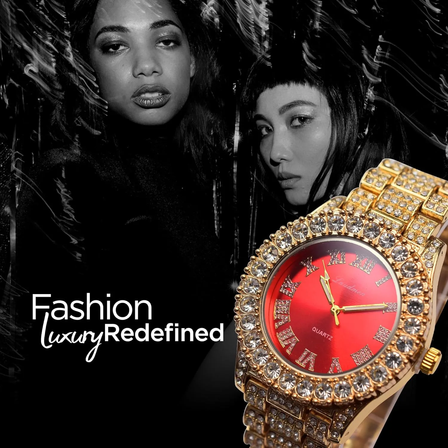 Women's Luxury Iced Bling Out Roman Numerals Watch & Bracelet Set – Big Rocks Bezel, Colored Dial