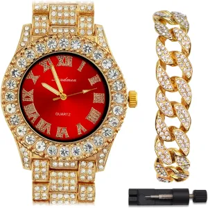 Women's Luxury Iced Bling Out Roman Numerals Watch & Bracelet Set – Big Rocks Bezel, Colored Dial