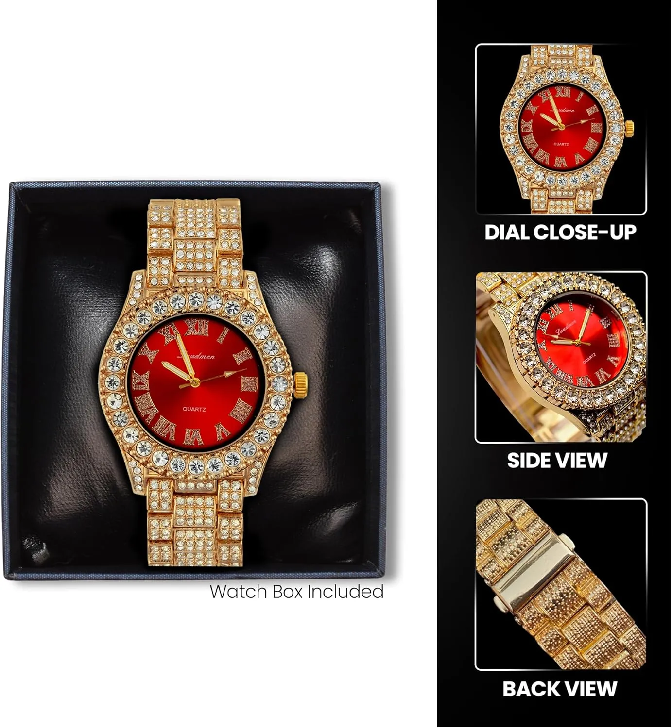 Women's Luxury Iced Bling Out Roman Numerals Watch & Bracelet Set – Big Rocks Bezel, Colored Dial