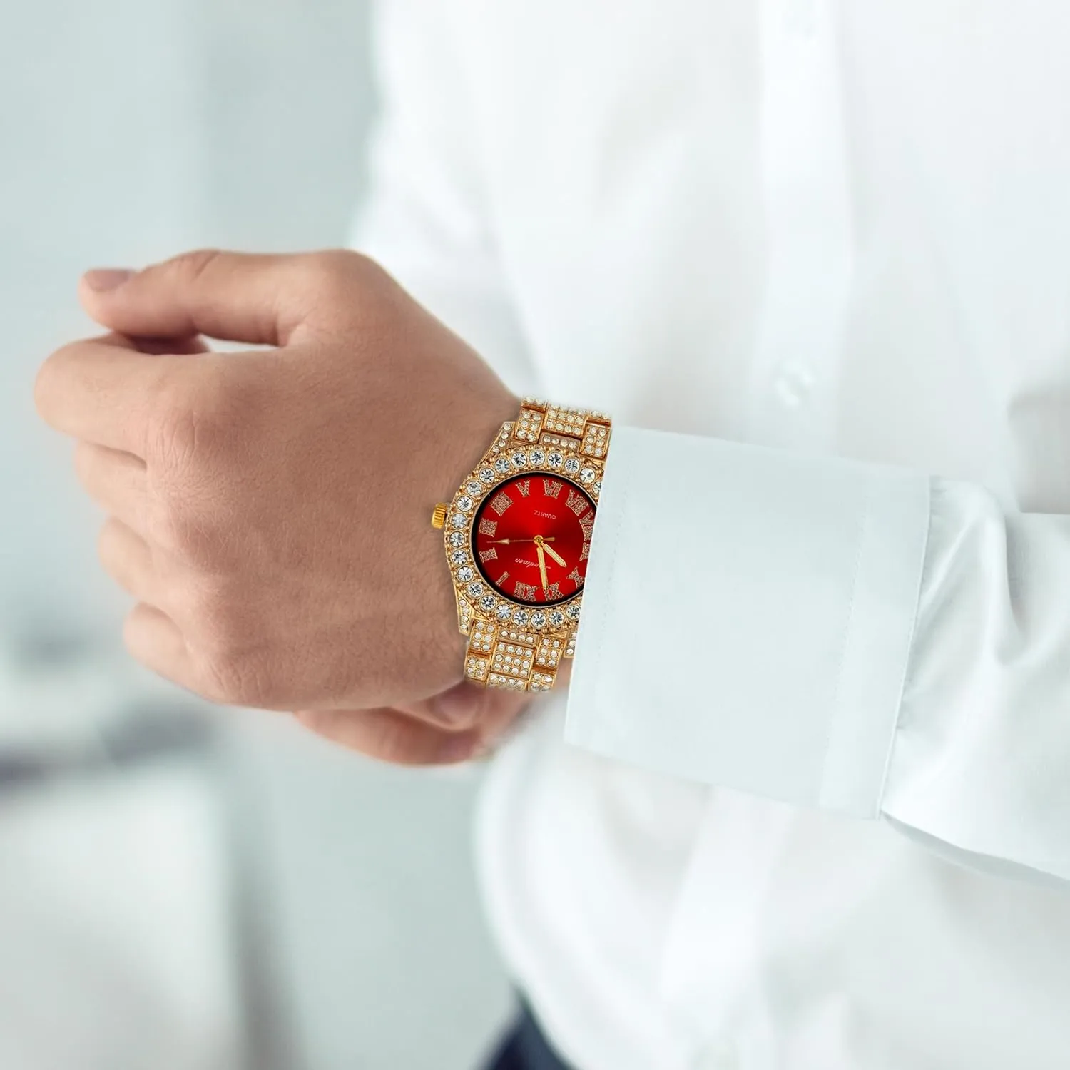 Women's Luxury Iced Bling Out Roman Numerals Watch & Bracelet Set – Big Rocks Bezel, Colored Dial