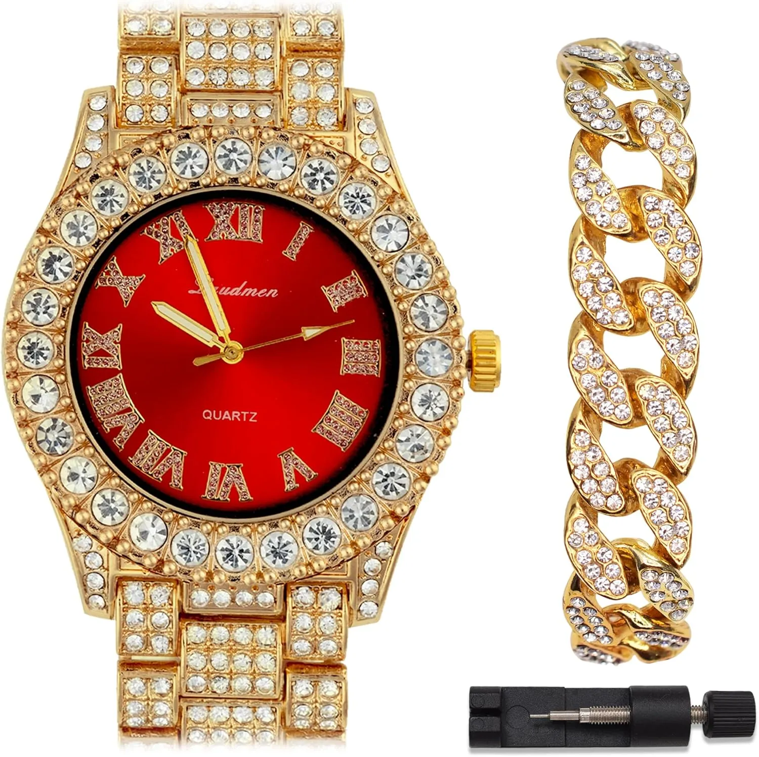 Women's Luxury Iced Bling Out Roman Numerals Watch & Bracelet Set – Big Rocks Bezel, Colored Dial