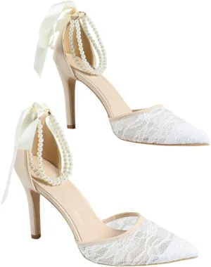 Women's Off-White Lace High-Heel Shoes – Pearl Chains & Satin Bow – Elegant Pointed-Toe Dress Shoes for Lolita, Bridal, and Special Occasions (Sizes 6-10.5)
