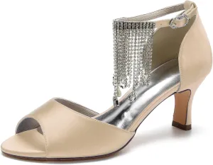 Women's Open Toe Satin Pumps Crystal Tassel Heels Party Wedding Bride Pump Dress Shoes Sandals