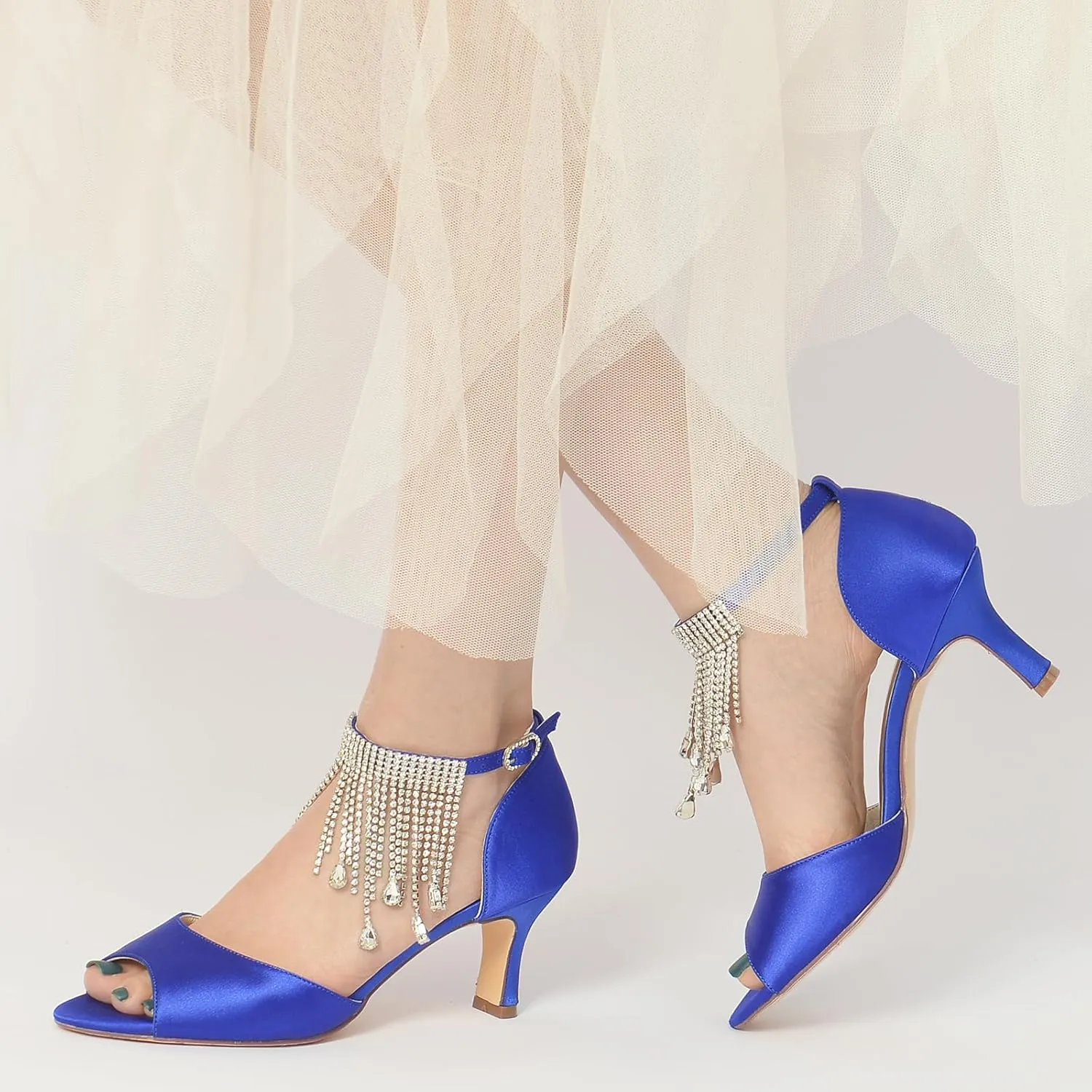 Women's Open Toe Satin Pumps Crystal Tassel Heels Party Wedding Bride Pump Dress Shoes Sandals