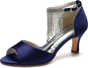 Women's Open Toe Satin Pumps Crystal Tassel Heels Party Wedding Bride Pump Dress Shoes Sandals