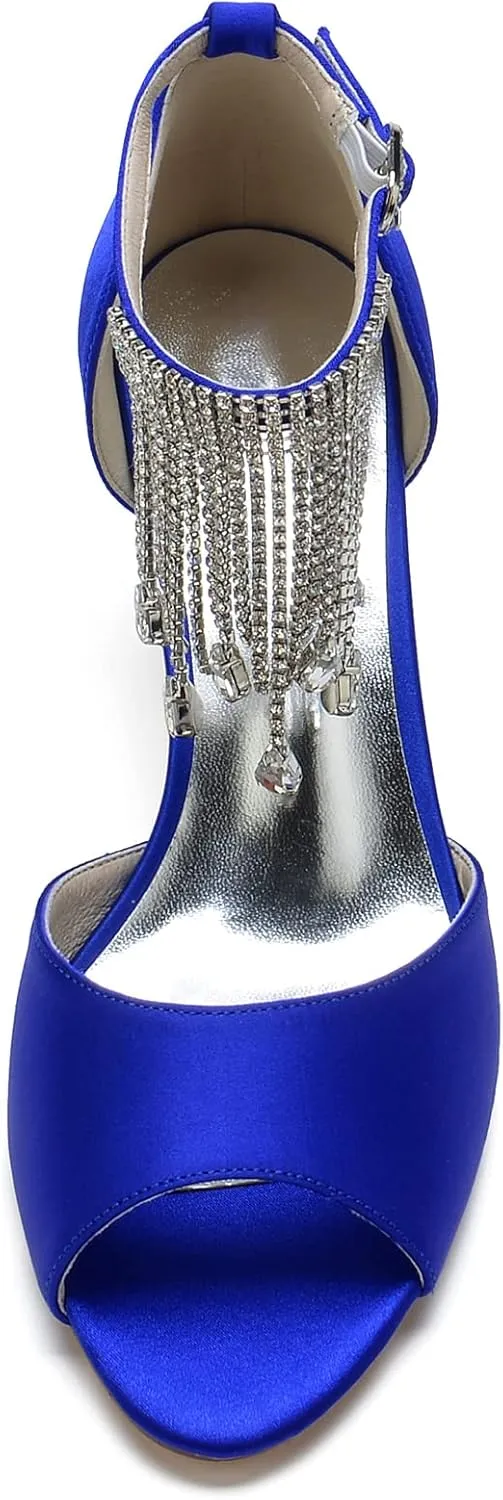 Women's Open Toe Satin Pumps Crystal Tassel Heels Party Wedding Bride Pump Dress Shoes Sandals