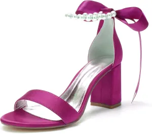 Women's Pearl Wedding Shoes for Bride Block Heel Wedding Sandals Open Toe Briesmaid Shoes Dressy Heels Sandals
