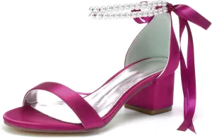 Women's Pearl Wedding Shoes for Bride - Low Block Heels Satin Bridal Prom Party Shoes 702-27