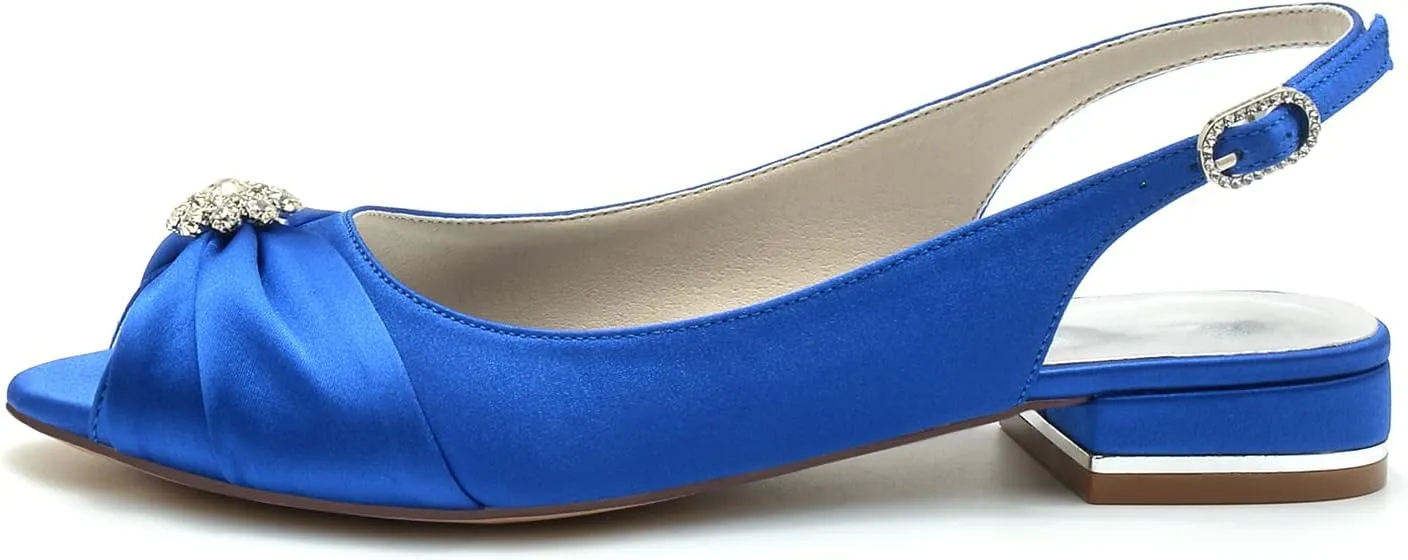 Women's Peep Toe Beaded Flat Pumps Satin Wedding Shoes Slingback Bridal Evening Party Comfort Flats Sandals