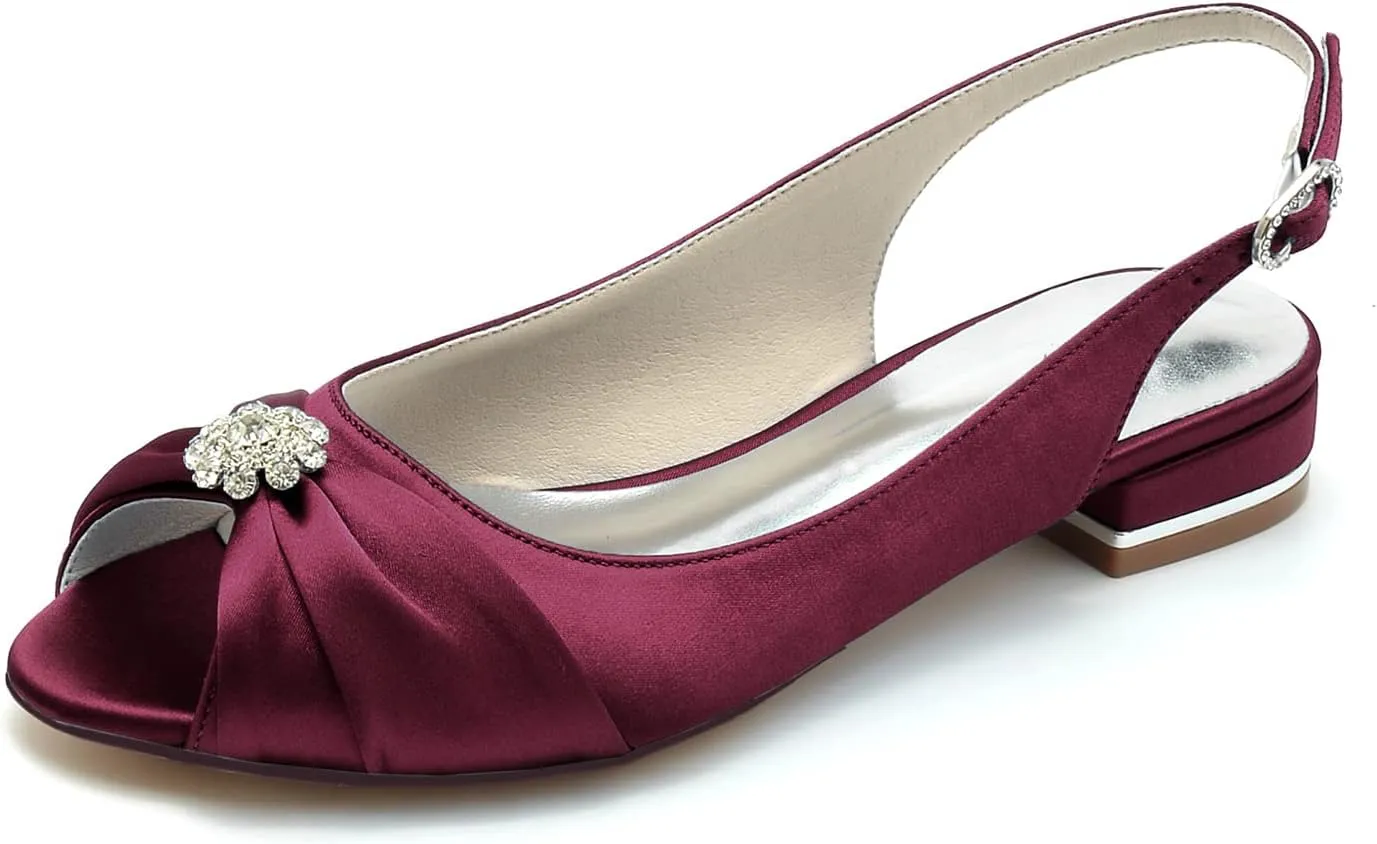 Women's Peep Toe Beaded Flat Pumps Satin Wedding Shoes Slingback Bridal Evening Party Comfort Flats Sandals