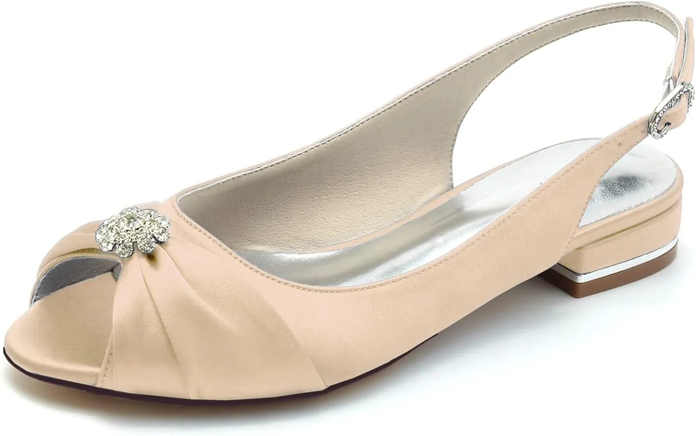 Women's Peep Toe Beaded Flat Pumps Satin Wedding Shoes Slingback Bridal Evening Party Comfort Flats Sandals