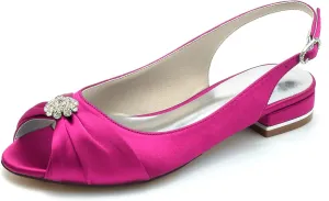 Women's Peep Toe Beaded Flat Pumps Satin Wedding Shoes Slingback Bridal Evening Party Comfort Flats Sandals