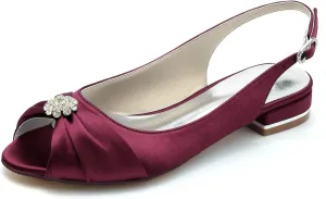 Women's Peep Toe Beaded Flat Pumps Satin Wedding Shoes Slingback Bridal Evening Party Comfort Flats Sandals