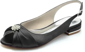 Women's Peep Toe Beaded Flat Pumps Satin Wedding Shoes Slingback Bridal Evening Party Comfort Flats Sandals