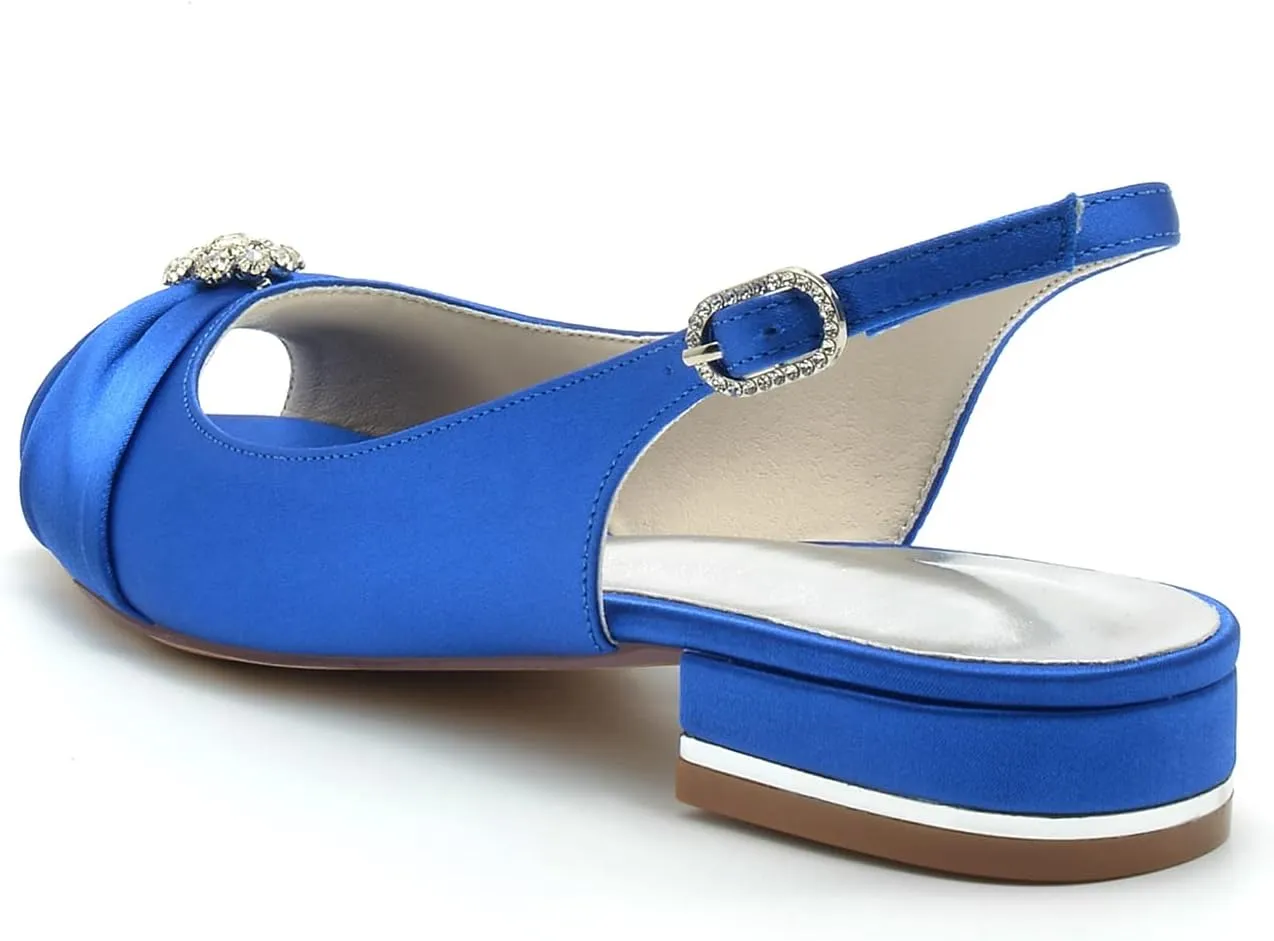 Women's Peep Toe Beaded Flat Pumps Satin Wedding Shoes Slingback Bridal Evening Party Comfort Flats Sandals
