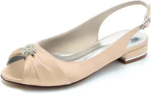 Women's Peep Toe Beaded Flat Pumps Satin Wedding Shoes Slingback Bridal Evening Party Comfort Flats Sandals
