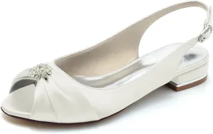 Women's Peep Toe Beaded Flat Pumps Satin Wedding Shoes Slingback Bridal Evening Party Comfort Flats Sandals