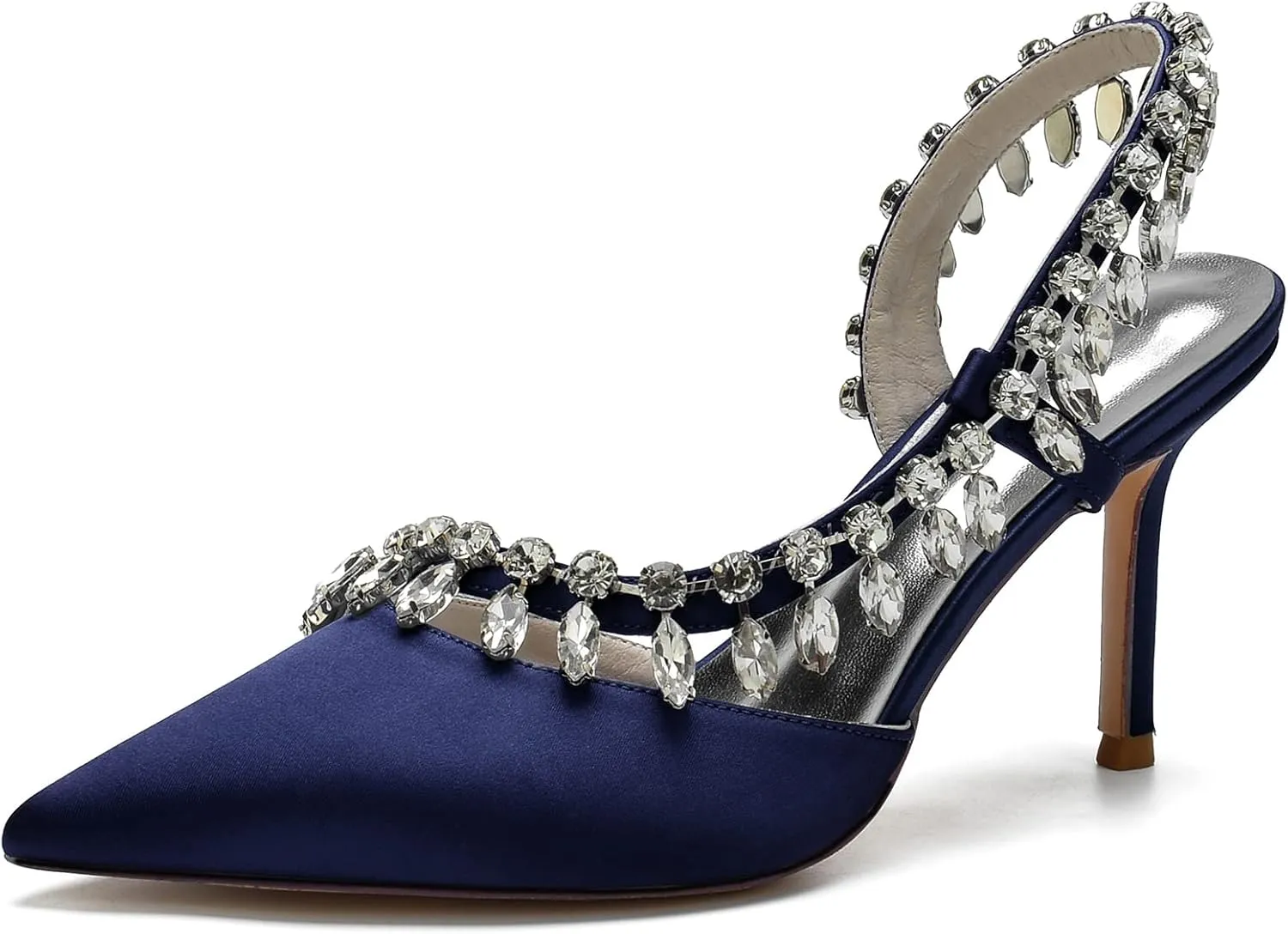 Women's Pointed Toe Crystal High Heels Satin Slingback Wedding Shoes Evening Party Comfort Flats Sandals for Bride
