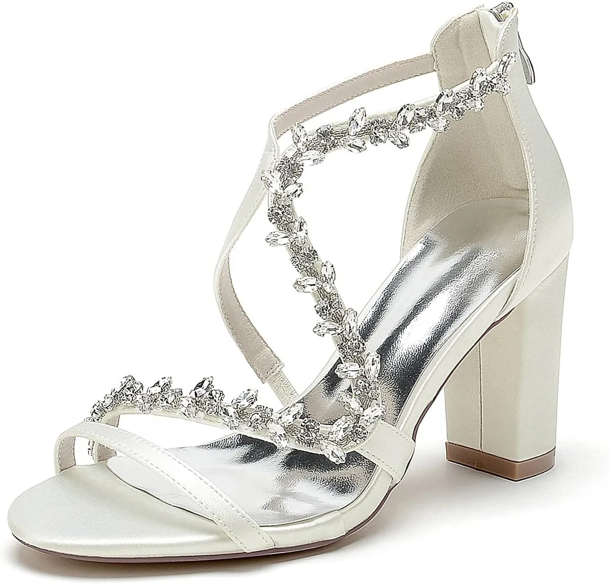 Women's Rhinestone Open Toe Satin Block Chunky Wedding Heels for Bride Ankle Strap High Heel Pumps Evening Party Dress Shoes Sandals