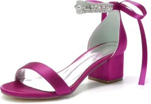 Women's Rhinestones Block Heels Satin Wedding Shoes for Bride Low Heels Comfortable Bridal Shoes White Heels Chunky Formal Evening Party Prom Sandals Pumps