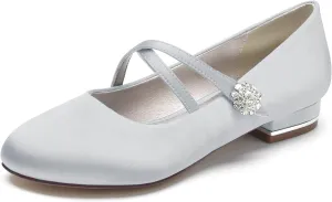 Women's Round Toe Crystal Flats Satin Comfortable Ballet Shoes Wedding Evening Party Flat Pumps