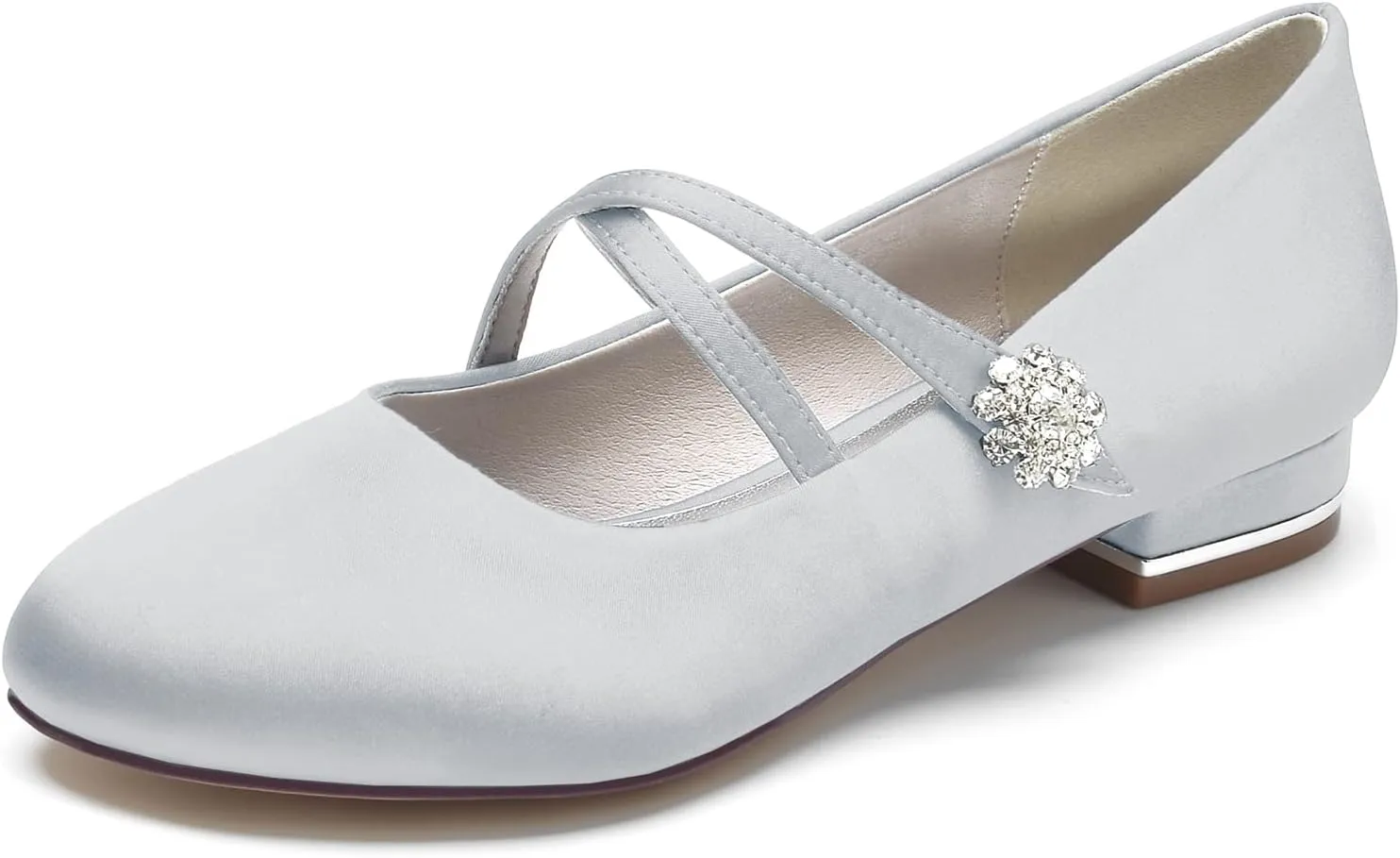 Women's Round Toe Crystal Flats Satin Comfortable Ballet Shoes Wedding Evening Party Flat Pumps