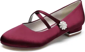 Women's Round Toe Crystal Flats Satin Comfortable Ballet Shoes Wedding Evening Party Flat Pumps