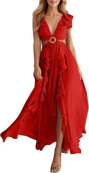 Women's Ruffle Tiered Midi Dress V Neck Short Sleeve Summer Sundress Comfy Smocked Swing Casual Cocktail Party Dress